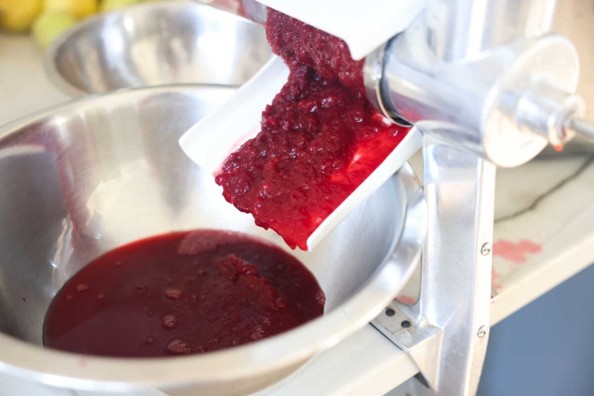 Cranberry applesauce being run through a sauce maker.