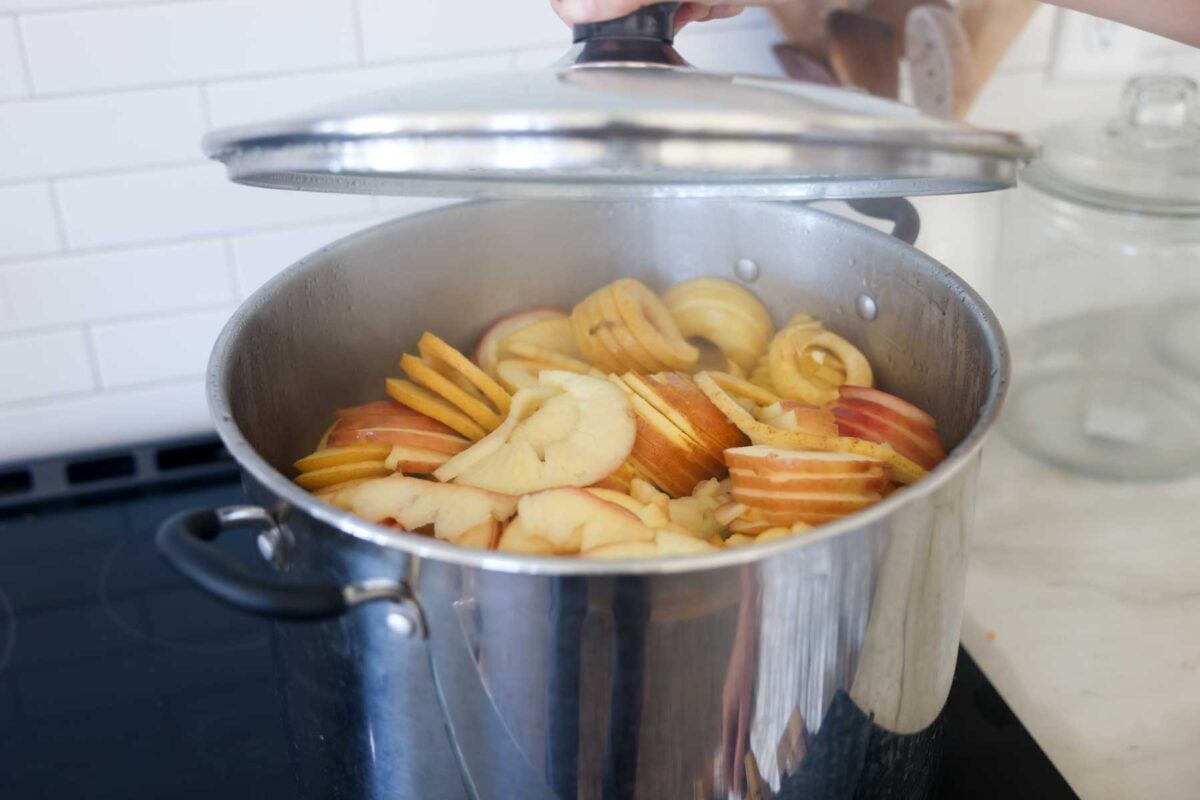 Cooked apples and cranberries in a saucepan.