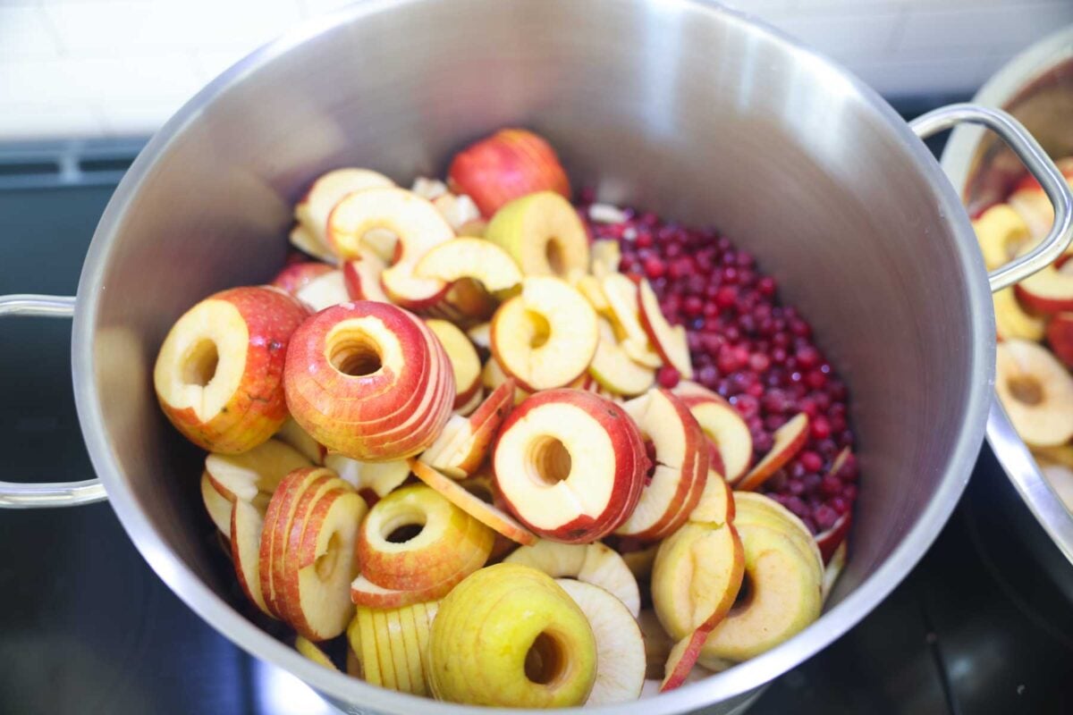 Cored and peeled apples, cranberries, and water in a sauce pan.