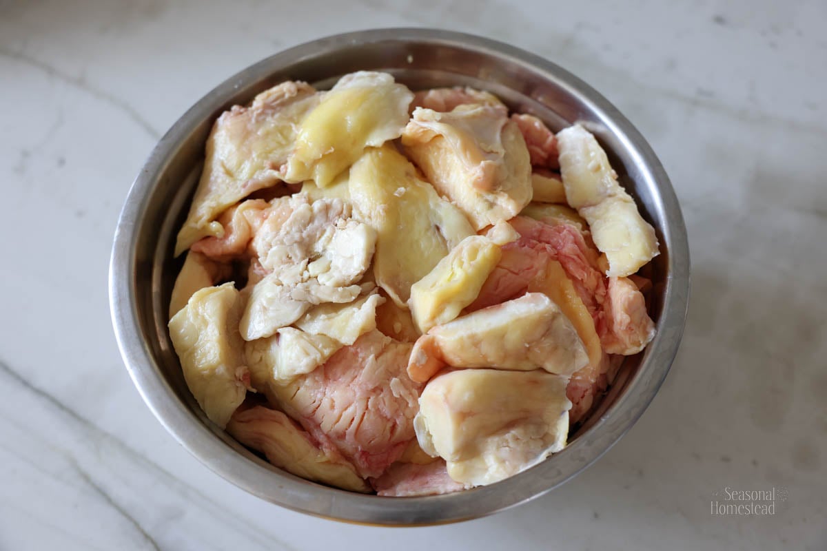 A bowl of trimmed beef fat, ready to be rendered into beef tallow.