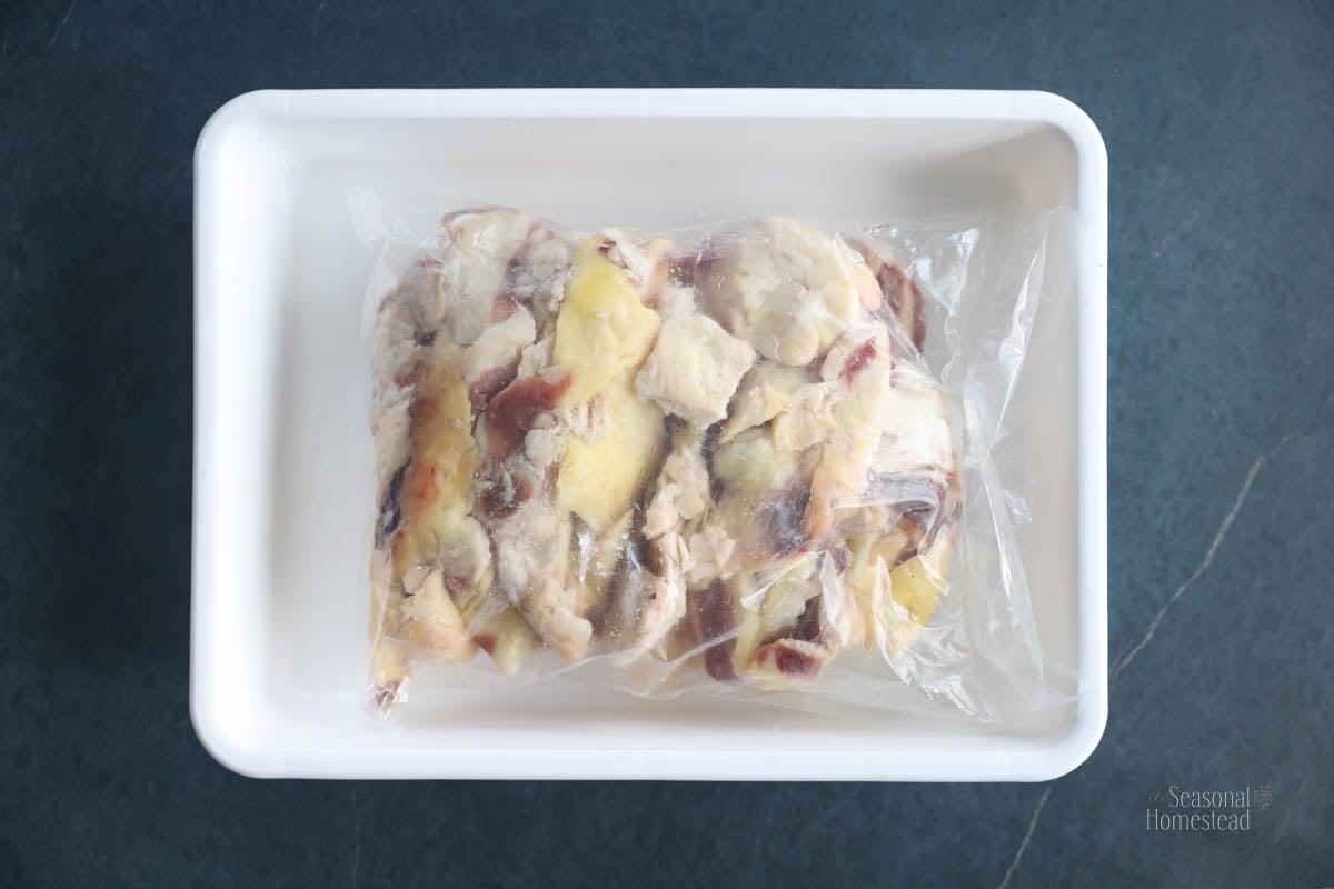 A bag of raw beef fat in a dish on the counter.