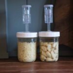 Two jars of garlic with airlock lids fermenting on a counter top