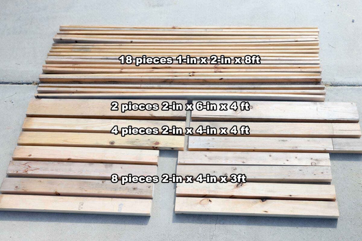 All wood pieces for the drying rack cut to size and laid out before assembly