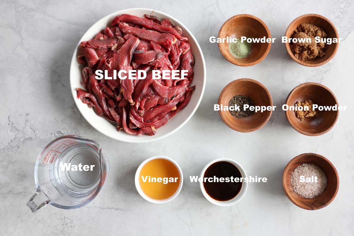 Beef Jerky ingredients with name labels in white text