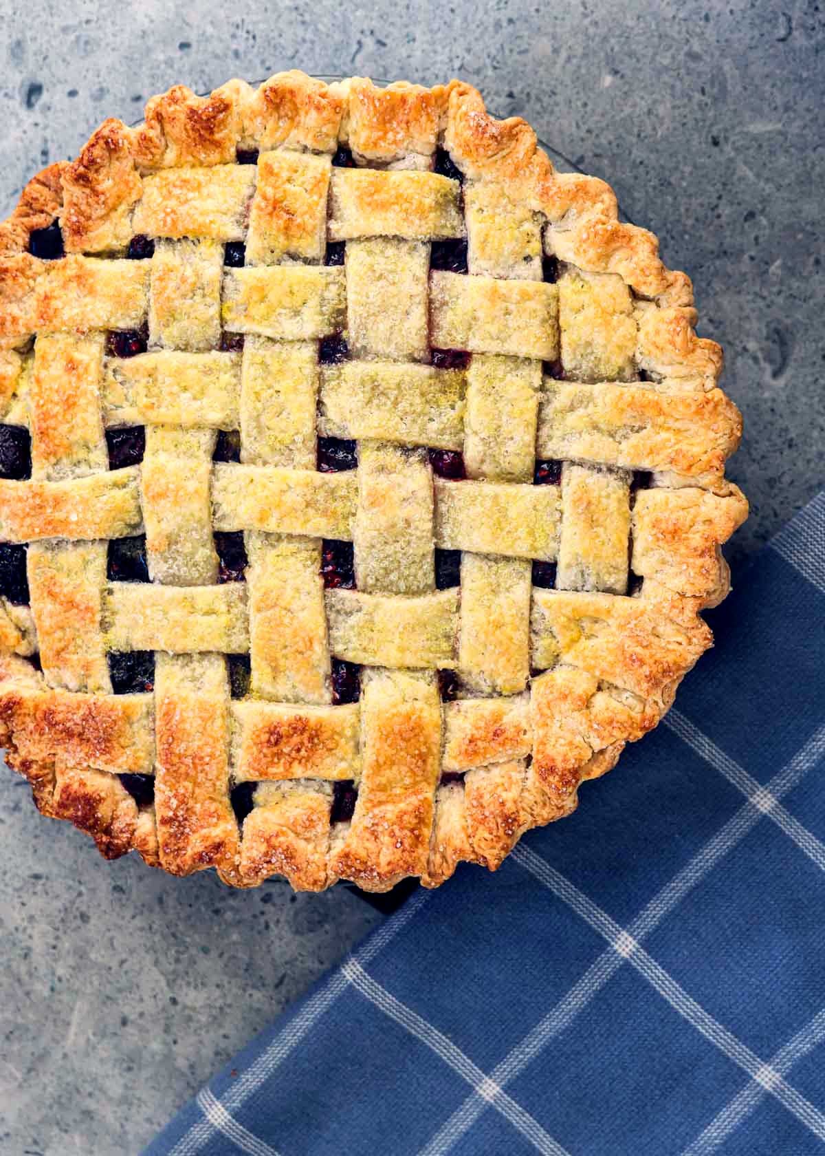 A beautiful lattice topped mixed berry pie.