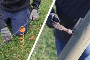 split image of attaching a guy wire to a trellis and ground anchor