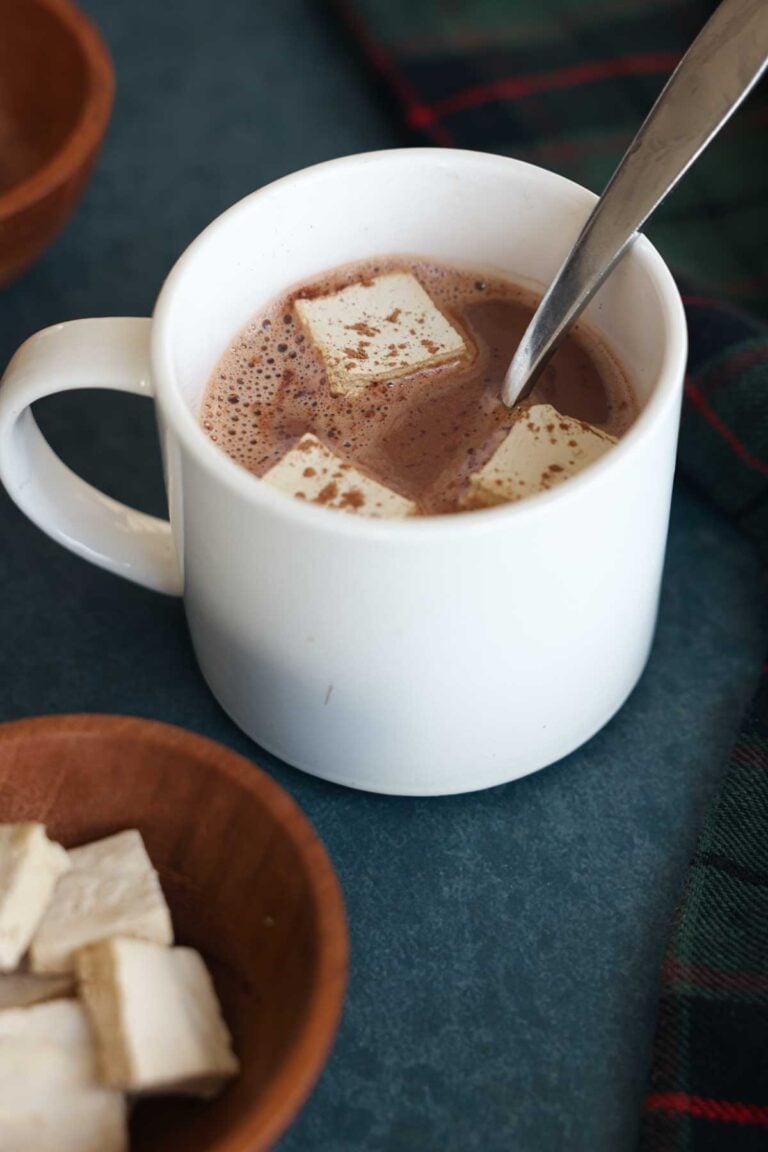A cup of hot cocoa with homemade marshmallows and a spoon.