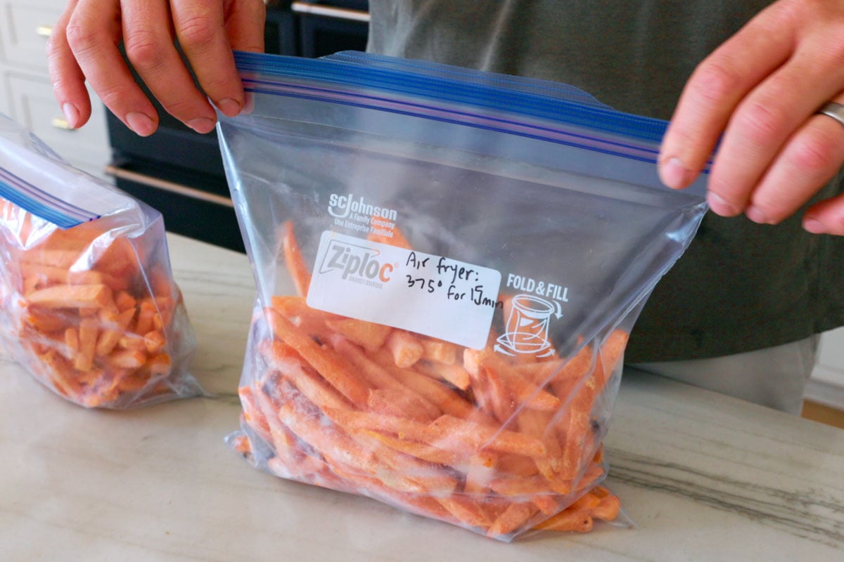 Frozen fries are packaged in bags.