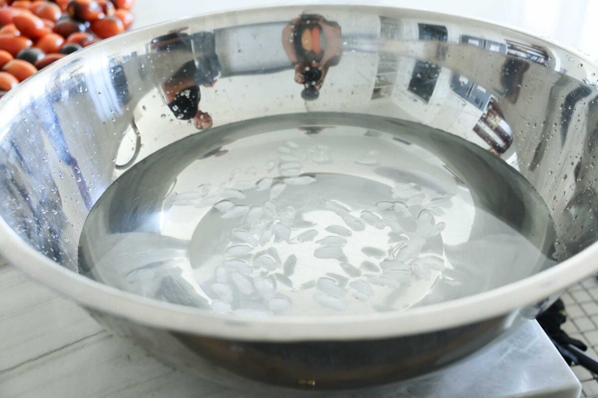 A very large bowl is filled with ice and water.