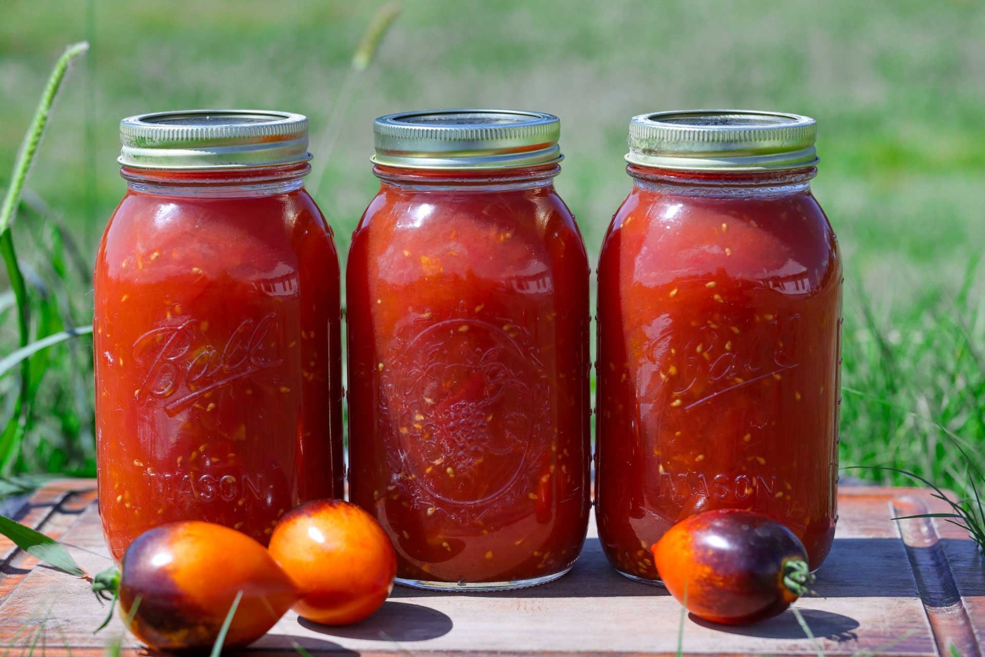 finished jars of tomatoes after canning.