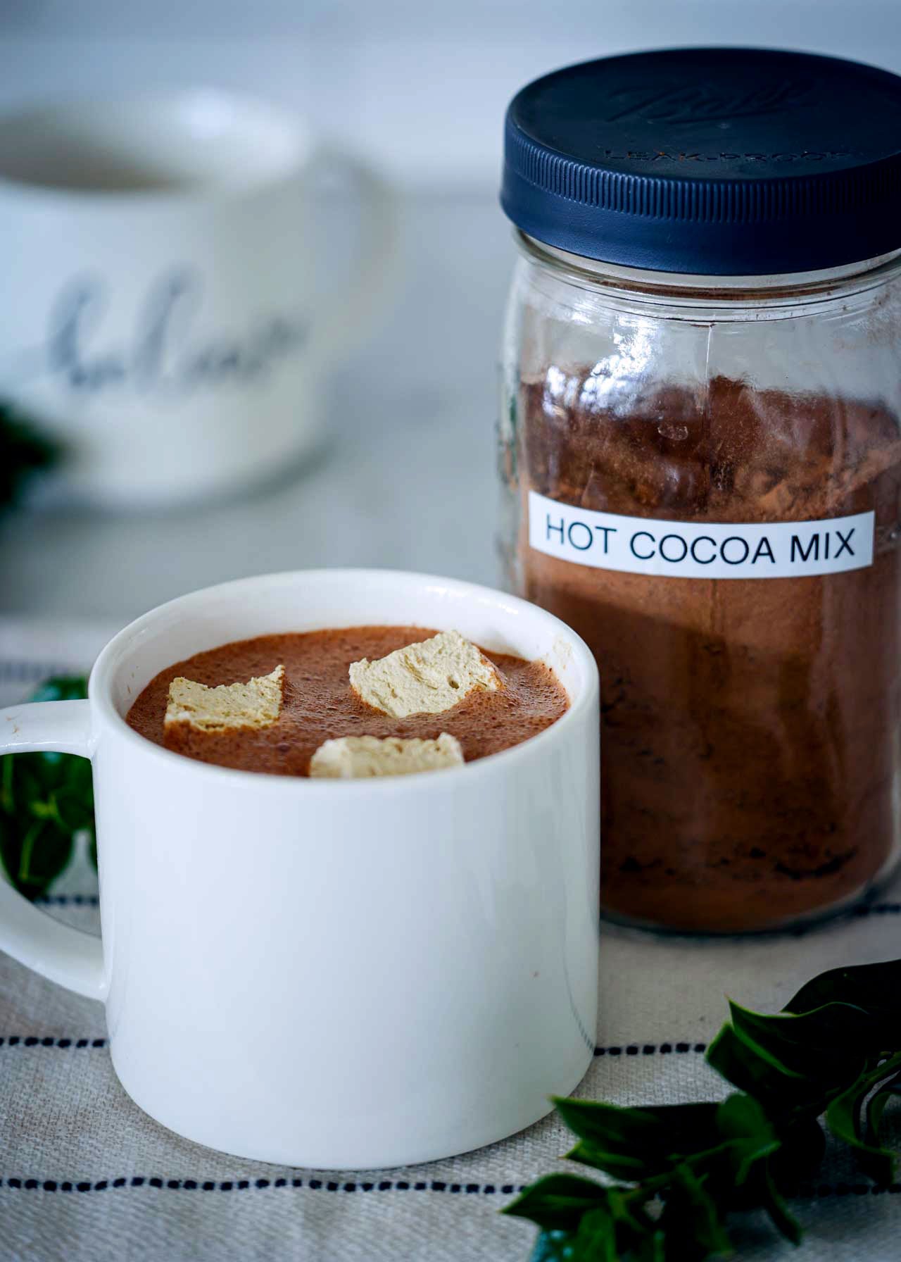 hot cocoa in a cup with marshmallows and hot cocoa mix in a jar behind it.